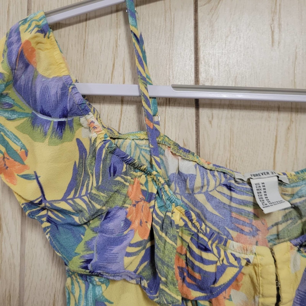 FOREVER 21 Tropical Floral Ruffle Off Shoulder Cropped Top M - Picture 3 of 6